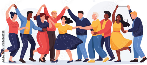 Multicultural Team Celebration – Joyful People Dancing in Flat Vector Style