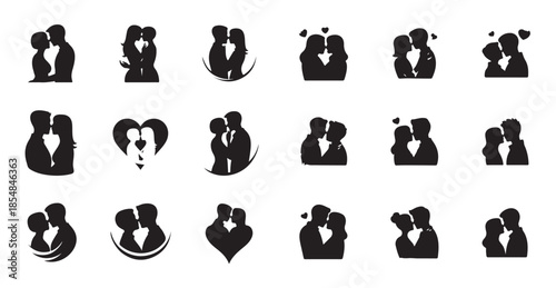 Collection of romantic couple silhouette icons with hearts for love and valentine theme