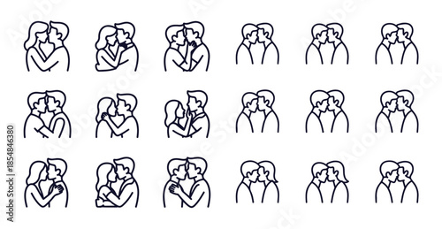 Collection of romantic couple line art icons showing affection and love on white background