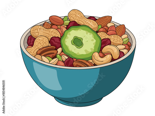 Vector illustration of a bowl full of mixed nuts and dried fruit
