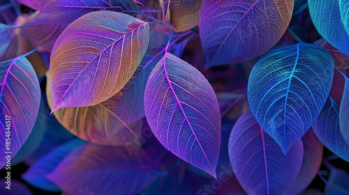 Colorful Close-Up of Glowing Leaf Veins in Vibrant Purple, Blue, and Green Tones, Showcasing Abstract Botanical Texture and Artistic Nature-Inspired Design with Enhanced Lighting and Detail