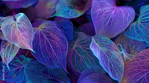 Colorful Close-Up of Glowing Leaf Veins in Vibrant Purple, Blue, and Green Tones, Showcasing Abstract Botanical Texture and Artistic Nature-Inspired Design with Enhanced Lighting and Detail