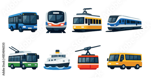 Colorful illustrations of various public transportation modes including buses and trains