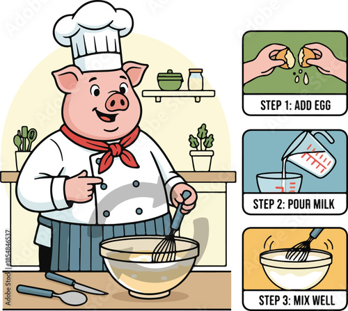 Pig Chef Preparing Food with StepbyStep Instructions.