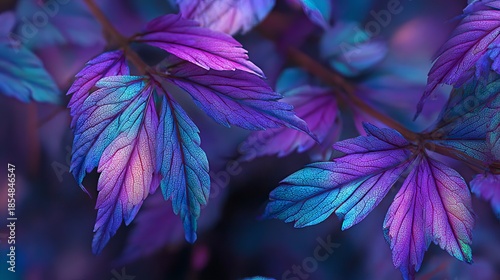 Colorful Close-Up of Glowing Leaf Veins in Vibrant Purple, Blue, and Green Tones, Showcasing Abstract Botanical Texture and Artistic Nature-Inspired Design with Enhanced Lighting and Detail