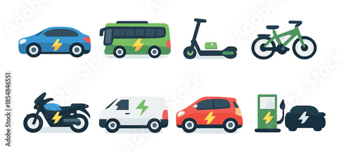 Colorful electric vehicles icons: cars, bikes, scooters, bus, charging station
