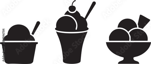 Ice Cream Serving Styles Silhouette – Black Line Vector Illustration of Bowl, Glass, and Dish with Spoon and Wafer