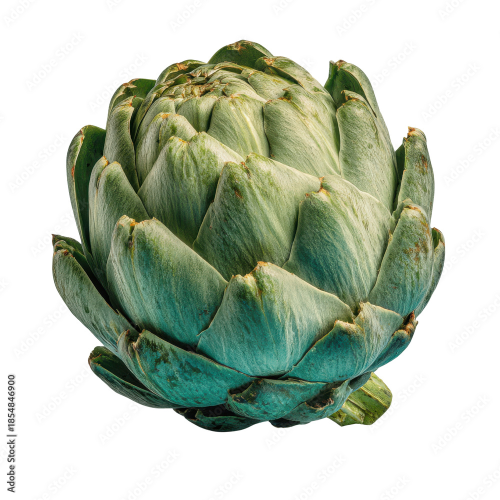 Obraz premium Single green artichoke vegetable with layered petals on black background food fresh, Isolated On Black Background, Png Transparent Background, Cut Out
