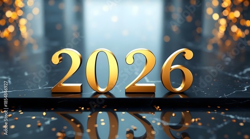 3D Golden 2026 Text on Dark Surface with Soft Blue Bokeh Background