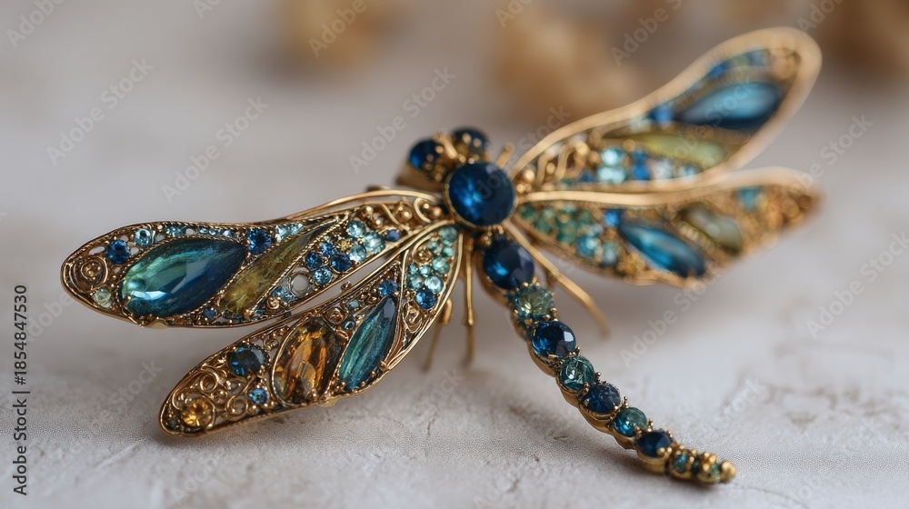 Fototapeta premium Ornate Dragonfly Brooch With Gold Metalwork And Colorful Gemstones Blue Green Amber Decorative Jewelry Accessory Symbolizing Elegance Fashion And Craftsmanship