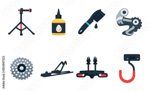 Bicycle maintenance tools and accessories featuring repair stand and lubricant