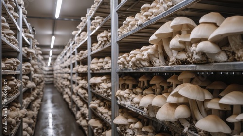 Mushroom harvesting event indoor farm food production controlled environment aisle view sustainable agriculture