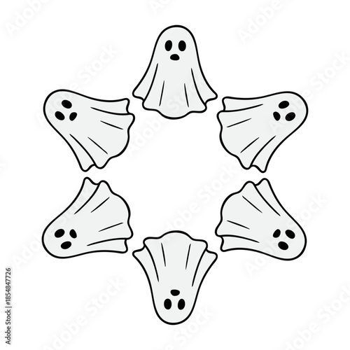Logo con dibujo minimalista con líneas de un grupo de fantasmas formando una estrella, para felicitaciones y tarjetas de Halloween