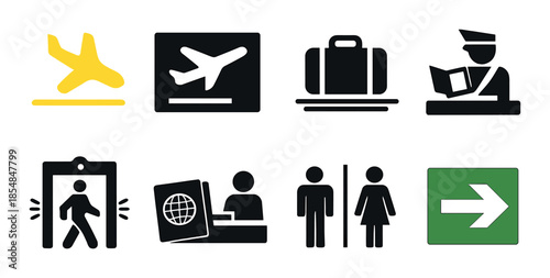 Airport icons: travel, security, directions, luggage, customs, restroom, passport