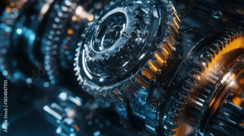 Mechanical precision intricate engine gears industrial workshop close-up high-tech environment dynamic viewpoint
