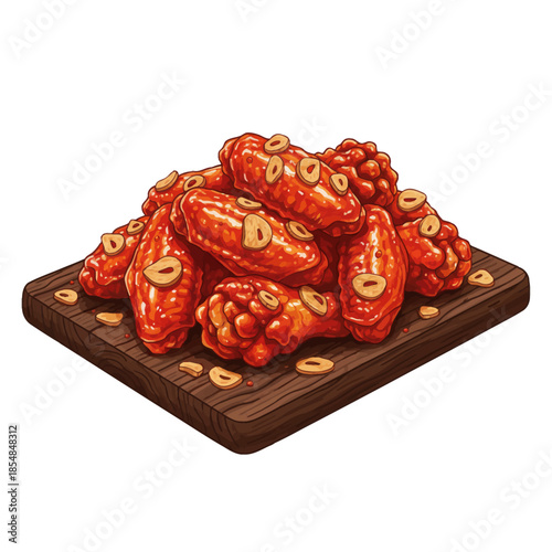 Spicy buldak fire chicken wings served hot with crispy fried garlic.