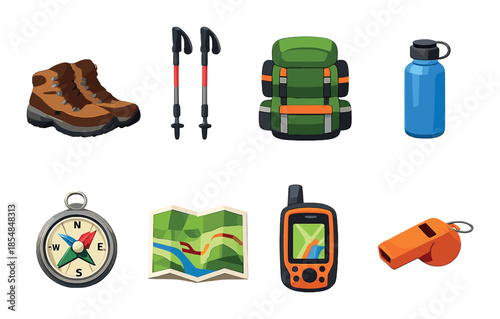 Hiking essentials: gear icons featuring boots, backpack, gps, and compass