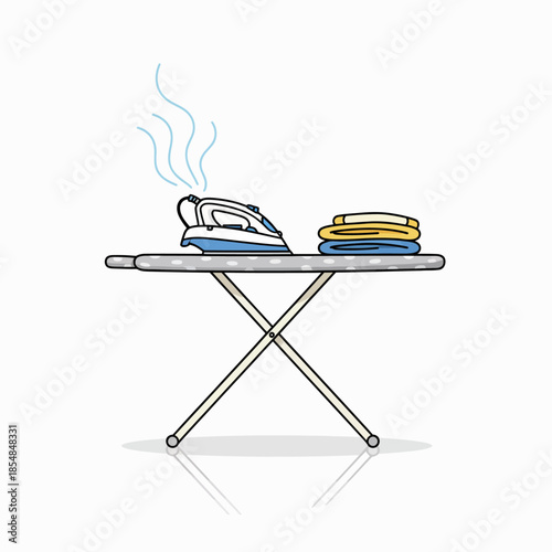 Household items including a table, clothing, and an iron for daily home activities.