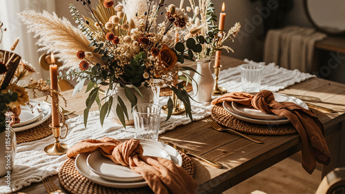Boho dining table with floral centerpiece and rustic decor  