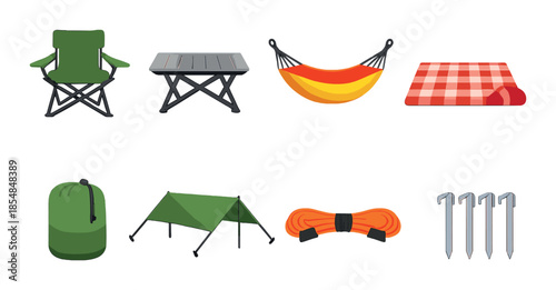 Camping gear collection: chair, table, hammock, blanket, bag, tent, rope, pegs