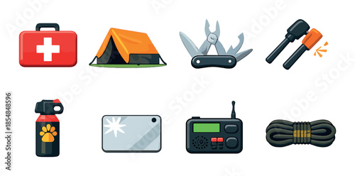 Outdoor adventure essentials: survival tools and gear icons