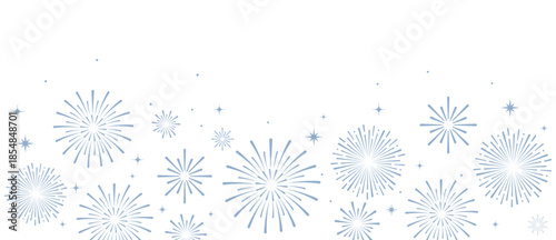 Elegant blue fireworks burst and sparkling stars on clean white background, festive celebration illustration for New Year, holiday party, greeting card, luxury event design, minimalist style vector.