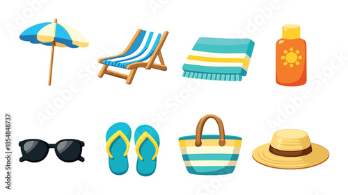 Summer beach essentials illustration: umbrella, sunscreen, sunglasses, flip-flops, towel, bag, hat, chair