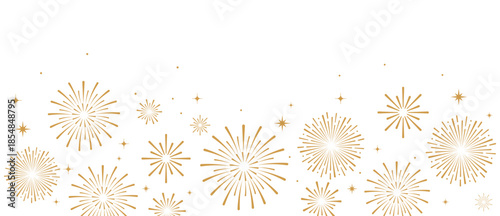 Elegant gold fireworks burst and sparkling stars on clean white background, festive celebration illustration for New Year, holiday party, greeting card, luxury event design, minimalist style vector.
