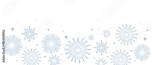 Elegant blue fireworks burst and sparkling stars on clean white background, festive celebration illustration for New Year, holiday party, greeting card, luxury event design, minimalist style vector.