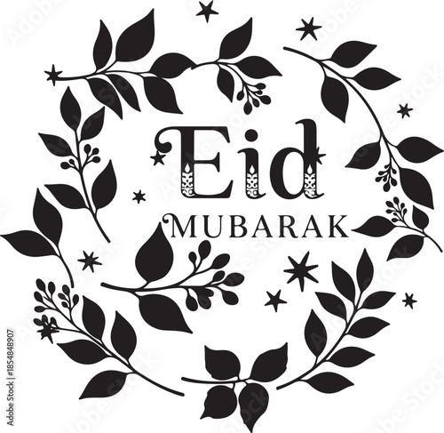 Eid Mubarak Floral Wreath Icon with Leaves and Stars Vector