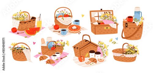 Cozy Picnic Basket with Food and Flowers. Spring picnic and cozy outdoor weekend. Spring and summer lifestyle, food, and leisure concepts. Flat vector illustration set.