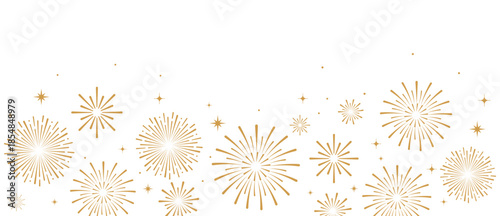 Elegant gold fireworks burst and sparkling stars on clean white background, festive celebration illustration for New Year, holiday party, greeting card, luxury event design, minimalist style vector.