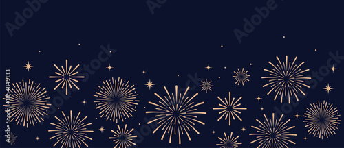 Elegant gold fireworks burst and sparkling stars on clean blue background, festive celebration illustration for New Year, holiday party, greeting card, luxury event design, minimalist style vector.