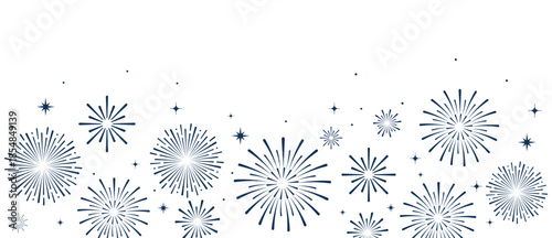 Elegant blue fireworks burst and sparkling stars on clean white background, festive celebration illustration for New Year, holiday party, greeting card, luxury event design, minimalist style vector.
