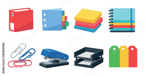 Colorful office supplies featuring binders, notebooks, and desk accessories