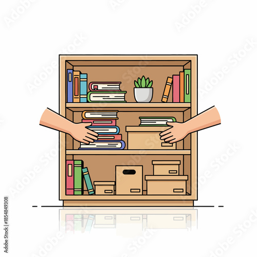 A vector illustration of a hand placing a book on a shelf in a clean, minimal style.