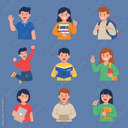 Collection of diverse students in various poses and activities, representing education and learning.