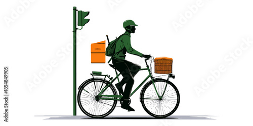 Delivery man riding bicycle with food boxes, urban street scene