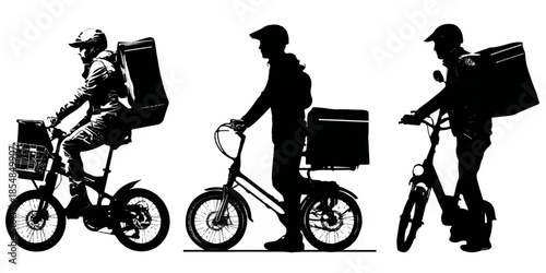 Silhouettes of delivery workers on electric bicycles