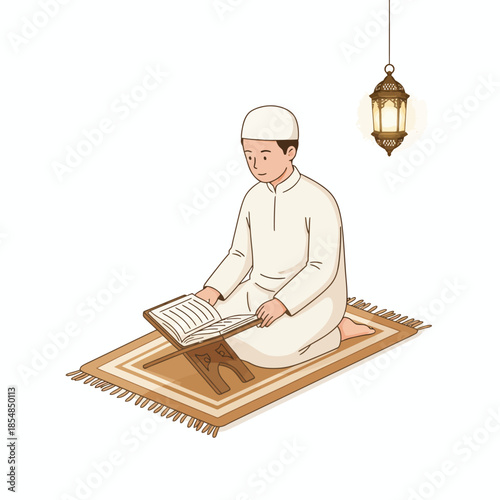 A man in ramadhan praying on a brown prayer mat in a calm and peaceful setting.
