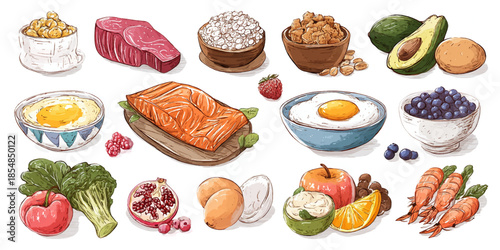 Healthy food ingredients collection - fresh fruits, vegetables, meat, and seafood