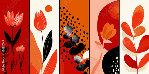  vertical panels, each showcasing a distinct and vibrant floral illustration