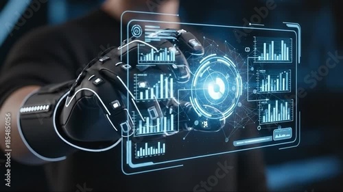 Futuristic holographic interface with hand gesture control, augmented reality technology