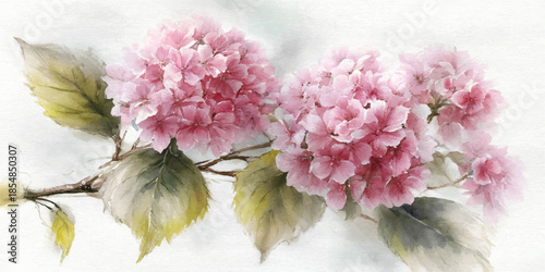 Delicate pink hydrangea blossoms on white background