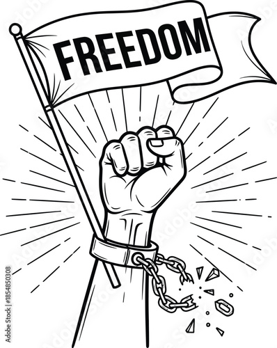 Breaking free symbol with fist and freedom flag