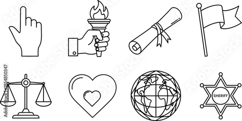 Eight symbols representing justice peace and values