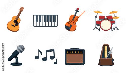 Collection of musical instruments and symbols: guitar, piano, violin, drums, microphone, notes, amp, metronome
