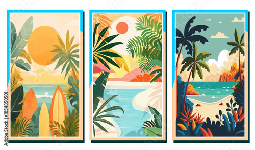 Tropical beach vacation banners with surfboards, palm trees, and sunny coastlines. Aesthetic summer landscape illustrations in a vibrant flat vector style for travel posters