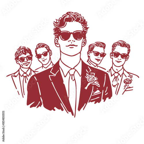 A hand-drawn red illustration of a group of stylish men in suits and sunglasses, with one man at the front as the focal point, representing a groom and his groomsmen. Concept of masculine elegance and