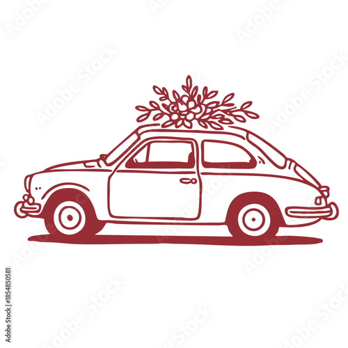 A hand-drawn red illustration of a vintage car decorated with flowers on top, symbolizing a wedding departure. Concept of wedding celebration and romantic getaway